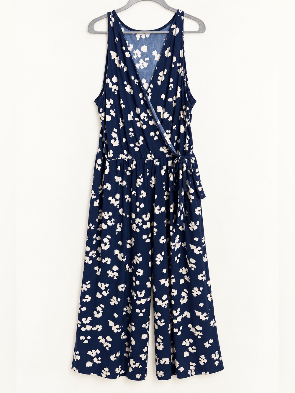 Kaileigh XXL Navy & Ivory Floral Wrap-Style Wide-Leg Jumpsuit